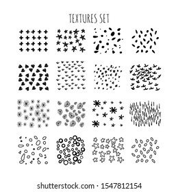 Textures set made by hand in vector. Circles, spots, stars, crosses, flowers and other elements. Card, poster, banner, party, birthday, wedding.
