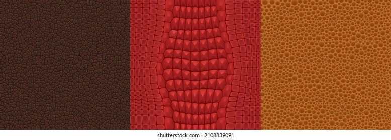 Textures of snake and crocodile skin. Backgrounds with wild animals leather print. Vector seamless pattern set of luxury fashion material from reptiles skin