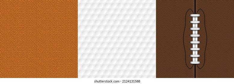 Textures of sport american football, golf and basket balls. Vector realistic set of seamless patterns of pigskin leather with laces and black lines. White background with round dimples