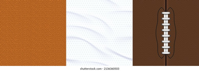 Textures of sports jersey, american football and basket balls surface. Vector realistic set of seamless patterns of pigskin leather with laces, white athletic shirt textile with wrinkles