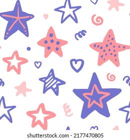 Textures stars festive hand drawn seamless pattern. Girly magical various shapes doodles hearts endless vector illustration. Kids fabric, bedding, packaging, greeting with cute lavender colors concept