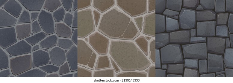 Textures of stone floor and wall for game background. Vector cartoon seamless patterns of top view of pavement or square with cobblestones and granite blocks in concrete - Shutterstock ID 2130143333