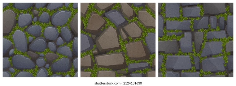 Textures of stone floor and wall with green moss for game background. Vector cartoon seamless patterns of top view of pavement with grass between cobblestones and granite blocks