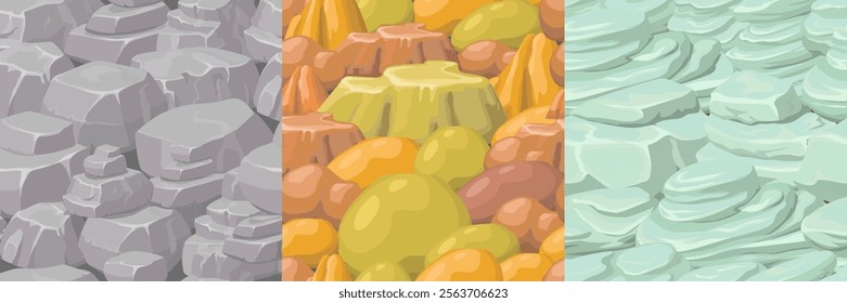 Textures of stone floor and wall. Seamless game pattern of pavement with rocks . Vector cartoon cobblestones and granite blocks set 2d ui gui collction