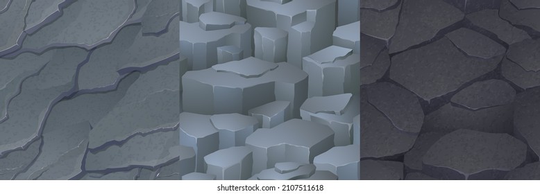 Textures of stone ground and grey rocks for game background. Vector cartoon seamless patterns of land or mountain surface with cobblestones, broken asphalt, cracked concrete