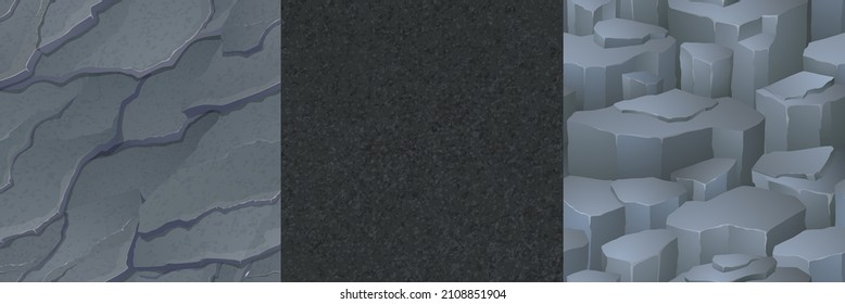 Textures of stone ground, grey rocks and black asphalt for game background. Vector cartoon seamless patterns of land or mountain surface with cobblestones, cracked concrete and road cover