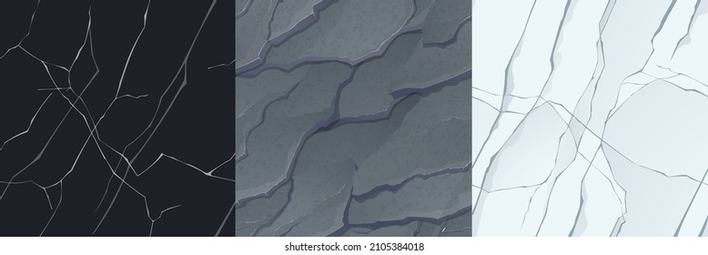 Texturas de suelo de piedra y pared de mármol para fondo de juego. Dibujo vectorial en patrones sin fisuras de tierra o superficie montañosa, hormigón craqueado, mármol blanco y negro
