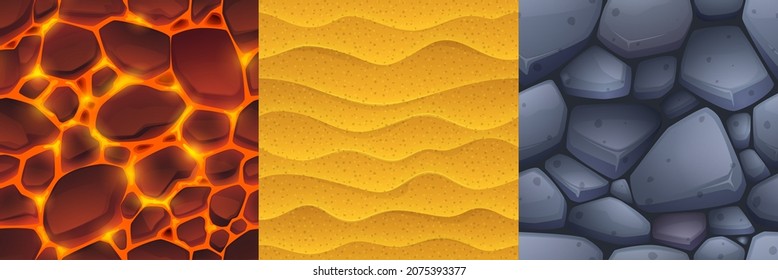 Textures of stone, sand and lava for game background. Vector cartoon seamless patterns of top view of floor with cobblestones, sandy ground and land with liquid magma