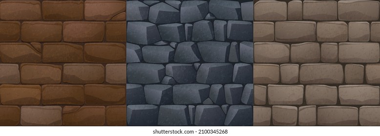 Textures of stone walls for game background. Vector cartoon seamless patterns of pavement or stonewall, masonry from rock bricks and blocks, ancient building exterior