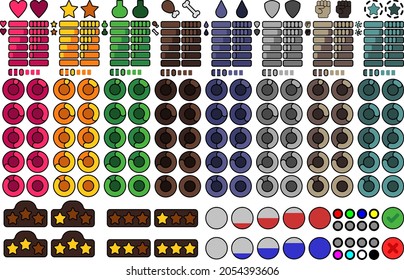 Texturen werden für Spiele verwendet.
Elemente: Gesundheit, Niveau, Tränke, Lebensmittel, Wasser, Schutz, Stärke, Magie, Kreislauffortschritt, Panel mit 3 Sternen, LEDs, Zecken, Kreuz