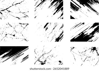 As texturas variam em densidade e direção, arranhões verticais ou diagonais e outras exibindo uma partícula de poeira de textura mais dispersa e abstrata e grãos de poeira em fundo branco.
