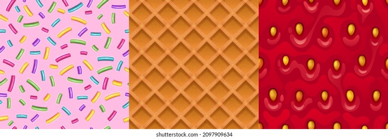 Textures of waffle, strawberry and pink glaze with color sprinkles. Vector cartoon seamless patterns of sweet food and berry, dessert textures for game background