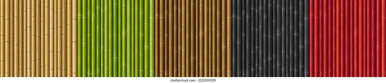 Textures of wall with bamboo sticks. Vector cartoon set of seamless patterns with colored japanese or chinese cane wall. Game backgrounds with tropical plant stems