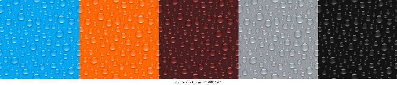 Textures of water drops on colored background. Vector realistic seamless patterns of condensation of steam and vapor on glass, wet surface with clear aqua droplets from dew or rain