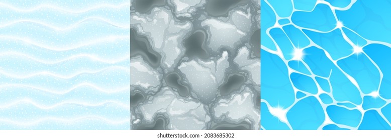 Textures of water, snow and slush for game background. Vector cartoon seamless patterns of top view of sea, ocean or lake surface, melt snow and dirty liquid ice