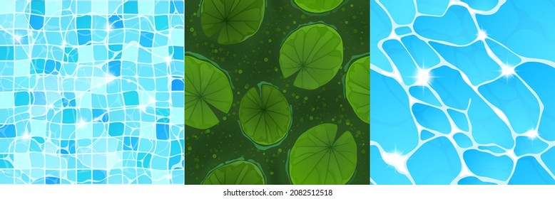 Textures of water in swimming pool, sea and pond with lily leaves. Vector cartoon seamless patterns of top view of ocean, lake and swamp surface for game background