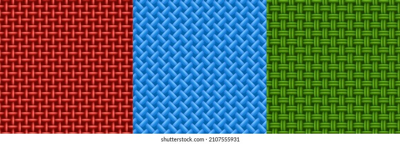 Textures of woven fabric, different wickers. Vector cartoon set of seamless patterns with textile weave, cloth, canvas, linen or cotton structure. Red, green and blue fiber weaving