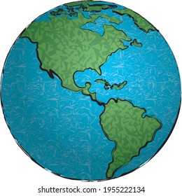 Texturized vector illustration of planet Earth with the American continent in the front view.