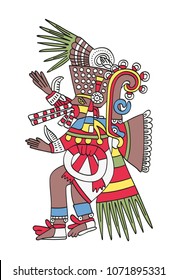 Tezcatlipoca, the Smoking Mirror. God of Magic and Darkness. Twin brother of Quetzalcoatl. Deity as depicted in the antique Aztec manuscript painting, Codex Borbonicus. Illustration over white. Vector