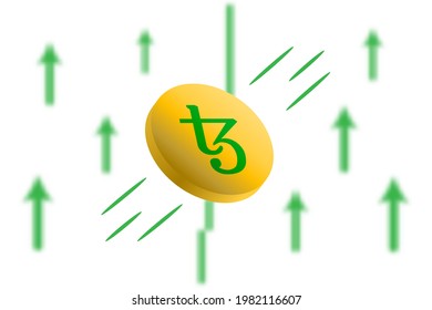 Tezos coin up. Green arrow up with gaussian blur effect background. Tezos XTZ market price soaring. Green chart rise up