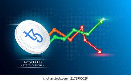 Tezos coin white. Cryptocurrency token symbol with stock market investment trading graph green and red. Economic trends business concept. 3D Vector illustration.