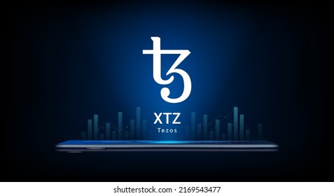 Tezos crypto currency token symbol come out from smartphone. Coin icon on dark background. Trading cryptocurrency in stock market on application. For website or banner. Vector illustrator.