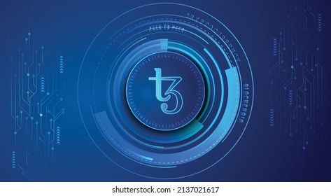 Tezos XTZ cadena de bloques cripto moneda cifrado digital, intercambio de dinero virtual, fondo de ilustración de vector de red global de tecnología y plantilla de diseño de banners. Web y comercio futurista
