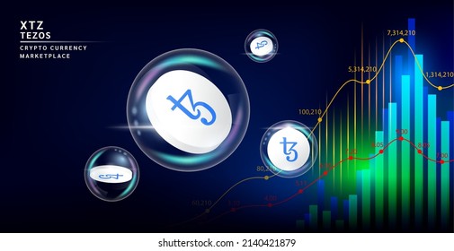 Tezos (XTZ) coin token in soap bubble. On abstract futuristic technology stock chart background. Unstable cryptocurrency trading crypto currency in stock market. Vector EPS10.