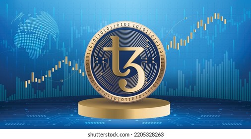 Tezos XTZ crypto currency coin logo and symbol over financial infographic background. Futuristic technology vector illustration banner and wallpaper 
