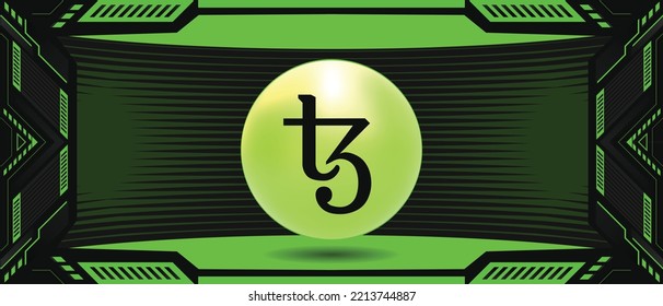 Tezos XTZ crypto currency coin logo on a futuristic vector banner and background. Eps10 financial technology concept template. 