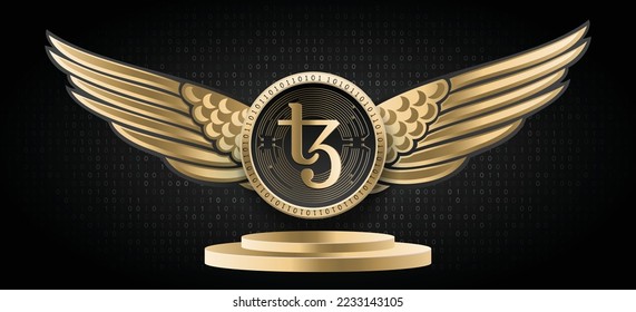 Tezos (XTZ) crypto currency logo and coin vector illustration banner. Blockchain based cryptocurrency technology background. 