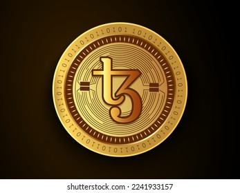 Tezos (XTZ) crypto currency symbol and logo on gold coin. Virtual money concept token based on blockchain technology. 