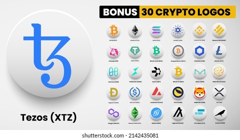 Tezos XTZ crypto logo symbols of cryptocurrency. Set of Bitcoin, Ethereum, Solana, Binance Coin, Binance USD, litecoin,avalanche, chainlink, maker, dogecoin, USD Coin, Shiba Inu, Polygon, and Helium