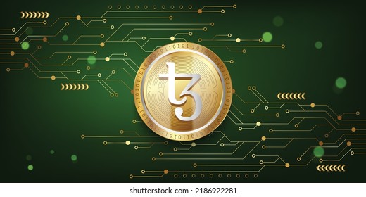 Tezos (XTZ) Crypto metallic coin virtual currency token on futuristic technology vector background illustration 
