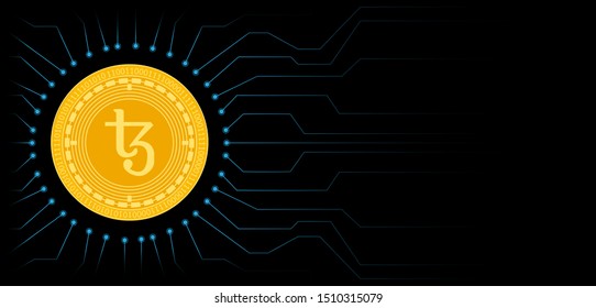 Tezos (XTZ) cryptocurrency coin symbol. Blockchain technology. Golden Tezos (XTZ) coin on black circuit board background. Vector illustration