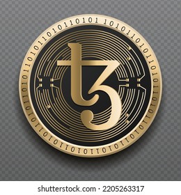 Tezos (XTZ) cryptocurrency golden coin isolated in transparent background. Virtual currency token symbol vector illustration based on cryptography and block chain technology.