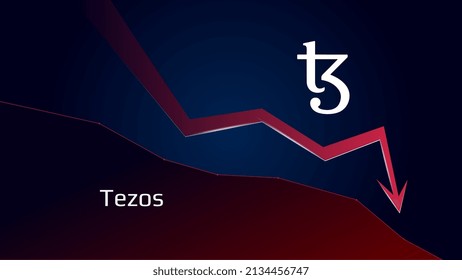 Tezos XTZ in downtrend and price falls down. Cryptocurrency coin symbol and red down arrow. Crushed and fell down. Cryptocurrency trading crisis and crash. Vector illustration.
