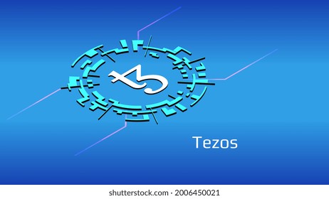 Tezos XTZ isometric token symbol in digital circle on blue background. Cryptocurrency coin icon. Vector illustration.