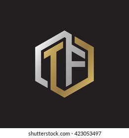 TF initial letters looping linked hexagon elegant logo golden silver black background