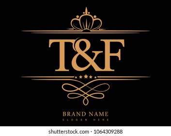 T&F Initial logo, Ampersand initial logo gold with crown and classic pattern