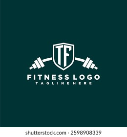 TF initial monogram for fitnes or gym logo with creative shield and barbell design