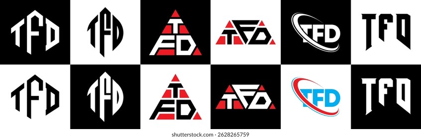 TFD letter logo design in six style. TFD polygon, circle, triangle, hexagon, flat and simple style with black and white color variation letter logo set in one artboard. TFD minimalist and classic logo