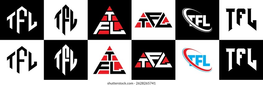 TFL letter logo design in six style. TFL polygon, circle, triangle, hexagon, flat and simple style with black and white color variation letter logo set in one artboard. TFL minimalist and classic logo