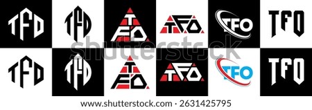 TFO letter logo design in six style. TFO polygon, circle, triangle, hexagon, flat and simple style with black and white color variation letter logo set in one artboard. TFO minimalist and classic logo