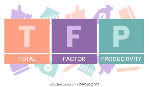 TFP, TOTAL FACTOR PRODUCTIVITY acrónimo. fondo concepto de negocio. concepto de ilustración vectorial con palabras clave e iconos. ilustración de letras con iconos para banner web.
