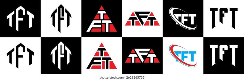 TFT letter logo design in six style. TFT polygon, circle, triangle, hexagon, flat and simple style with black and white color variation letter logo set in one artboard. TFT minimalist and classic logo