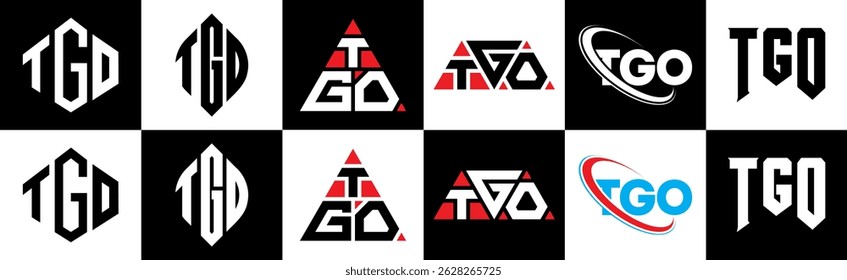 TGO letter logo design in six style. TGO polygon, circle, triangle, hexagon, flat and simple style with black and white color variation letter logo set in one artboard. TGO minimalist and classic logo