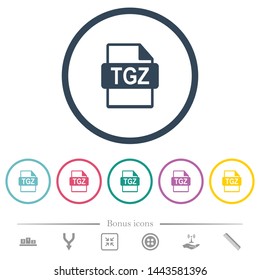 TGZ file format flat color icons in round outlines. 6 bonus icons included.