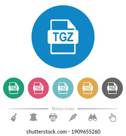 TGZ file format flat white icons on round color backgrounds. 6 bonus icons included.