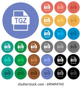 TGZ file format multi colored flat icons on round backgrounds. Included white, light and dark icon variations for hover and active status effects, and bonus shades on black backgounds.
